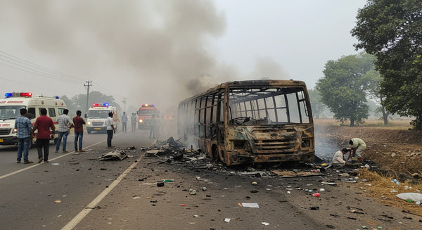 Bus Catches Fire After Collision with Motorcycle in Southern India, Killing at Least 25