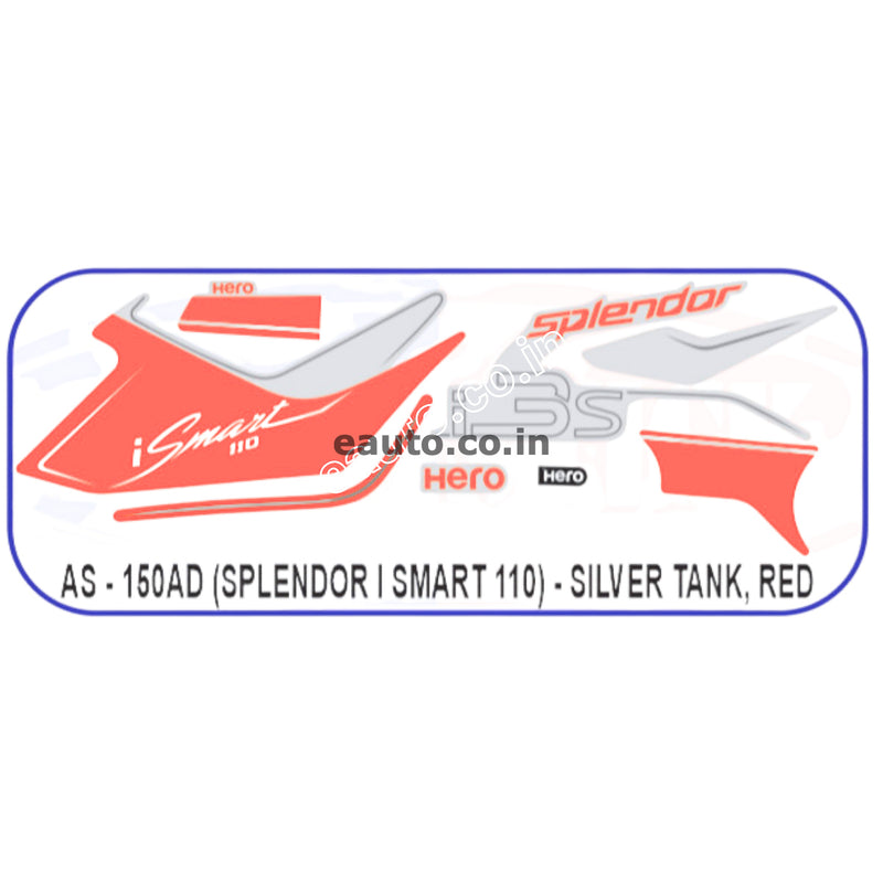 Graphics Sticker Set for Hero Splendor iSmart 110 | Silver Tank & Red Sticker
