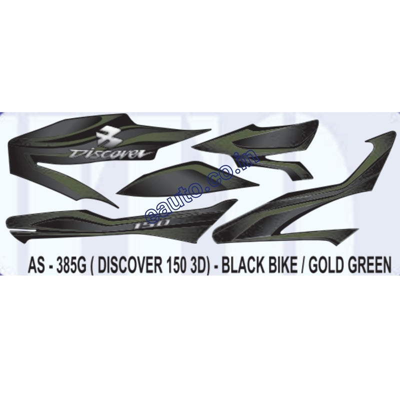 Graphics Sticker Set for Bajaj Discover 150 | 3D | Black Vehicle | Gold | Green Sticker